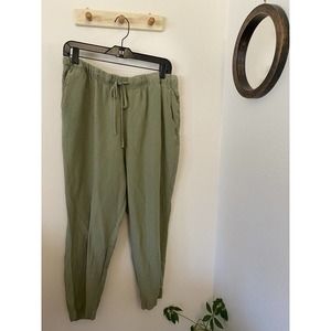 A NEW DAY - WOMEN'S PANTS SIZE LARGE - GREEN LINEN BLEND ELASTIC WAIST POCKETS